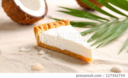 Coconut Cream Paradise: A luscious slice of coconut cream pie, showcasing its creamy layers and crumbly crust, rests invitingly alongside tropical accents. Coconut Cream Paradise: A luscious slice of coconut cream pie, showcasing its creamy layers and crumbly crust, rests invitingly alongside tropical accents. 127342734