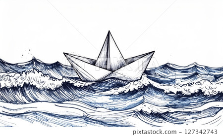 Paper Boat on Stormy Seas: A delicate origami boat bravely navigates through a turbulent sea, embodying resilience and the spirit of adventure amidst the raging waves. Paper Boat on Stormy Seas: A delicate origami boat bravely navigates through a turbulent sea, embodying resilience and the spirit of adventure amidst the raging waves. 127342743