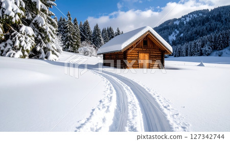 Snow-Covered Chalet Serenity: A solitary chalet, nestled amid a pristine snow-covered landscape under a radiant sky, creates a serene winter scene. 127342744