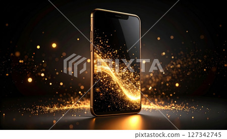 Smartphone Elegance: The sleek silhouette of a modern smartphone radiates with a vibrant golden energy, surrounded by glittering particles, on a dark, reflective surface. 127342745