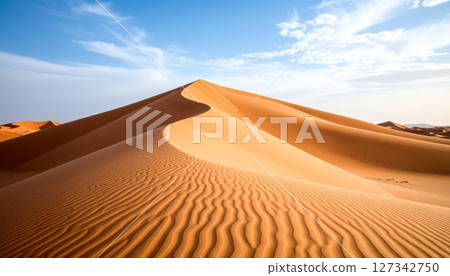 Desert Dunes in the sunlight: A mesmerizing view of a majestic sand dune, sculpted by the wind's artistry, bathed in the golden sunlight under a vast blue sky. 127342750