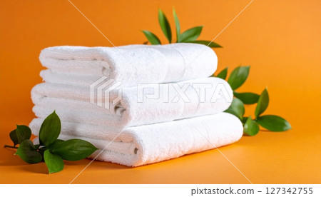 Stack of White Towels: Three fluffy white towels neatly stacked, accented by vibrant green leaves against a warm orange background. The image evokes a sense of freshness, cleanliness, and relaxation. Stack of White Towels: Three fluffy white towels neatly stacked, accented by vibrant green leaves against a warm orange background. The image evokes a sense of freshness, cleanliness, and relaxation. 127342755