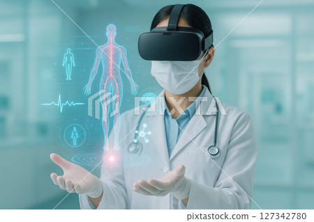 AI generated female doctor projects 3D human vascular system and biometric data using VR in a clean futuristic medical room 127342780