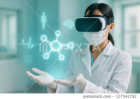AI generated image of a female doctor using VR to project a glowing 3D molecule hologram in a futuristic medical room with pastel tones conveying trust in data driven healthcare 127342792