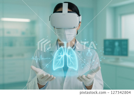 AI generated image of a female doctor using VR to project glowing 3D lungs with biometric data in a clean sci fi lab highlighting data driven medical technology 127342804
