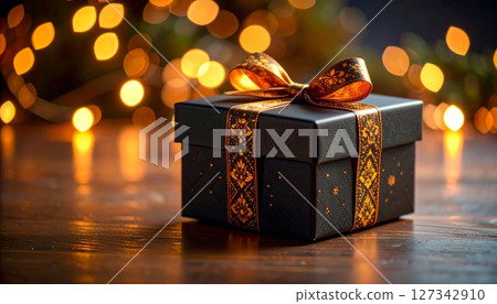Black festive gift box with orange embroidery on wooden table Black festive gift box with orange embroidery on wooden table 127342910