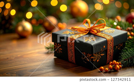 Black festive gift box with orange embroidery on wooden table Black festive gift box with orange embroidery on wooden table 127342911