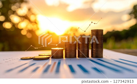 Financial stock market with coins and sunset charts Financial stock market with coins and sunset charts 127342913