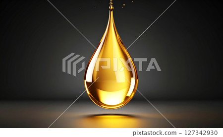 Golden oil drops falling on a dark background. 127342930