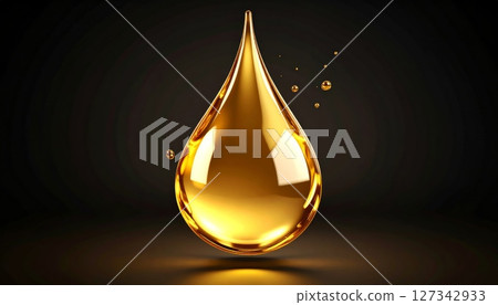 Golden oil drops falling on a dark background. Golden oil drops falling on a dark background. 127342933