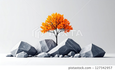 Minimalist digital art with orange trees and grey rocks. 127342957