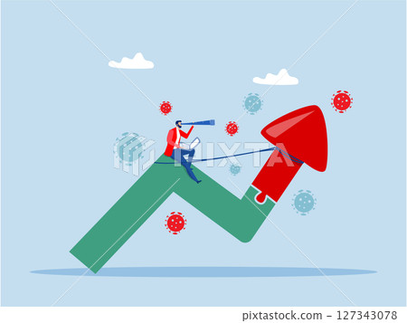 businessman standing on upward rising growth graph using telescope to see the way forward with virus pathogen.economic outlook after Coronavirus COVID-19 crisis concept 127343078