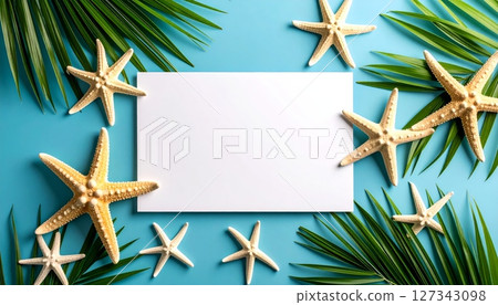 Tropical beach background frame with palm trees and a festive golden star decoration 127343098