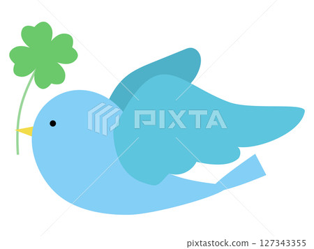 A happy blue bird flying with a four-leaf clover in its mouth Vector illustration A happy blue bird flying with a four-leaf clover in its mouth Vector illustration 127343355