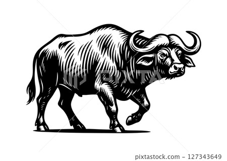 Bold monochrome vector of an African buffalo in side view. Detailed woodcut style, ideal for logos, prints, or engraving use on white background. Wildlife Animals. 127343649