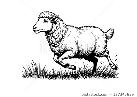 Running sheep in dynamic black and white woodcut style. Farm animal illustration for prints, merchandise, or mascot designs. 127343659