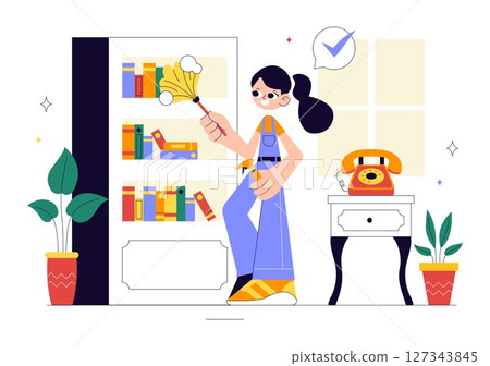 Home Cleaning Service Vector Illustration Featuring House Cleaning Workers Sweeping, Mopping, Wiping Glass, and More in a Flat Style Background 127343845