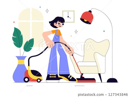 Home Cleaning Service Vector Illustration Featuring House Cleaning Workers Sweeping, Mopping, Wiping Glass, and More in a Flat Style Background 127343846