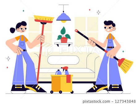 Home Cleaning Service Vector Illustration Featuring House Cleaning Workers Sweeping, Mopping, Wiping Glass, and More in a Flat Style Background 127343848