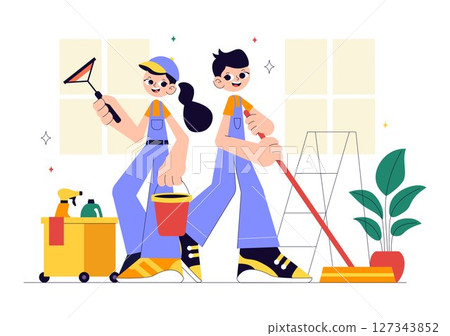 Home Cleaning Service Vector Illustration Featuring House Cleaning Workers Sweeping, Mopping, Wiping Glass, and More in a Flat Style Background 127343852