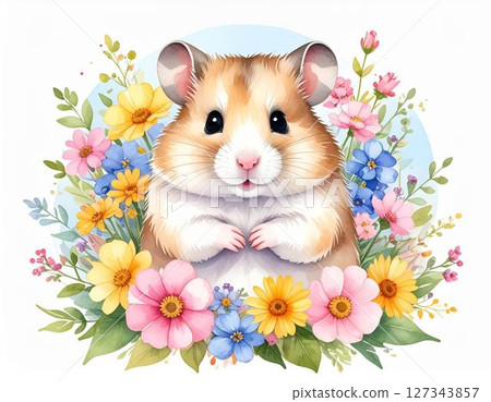 Cute watercolor animal series: Hamster surrounded by flowers Cute watercolor animal series: Hamster surrounded by flowers 127343857