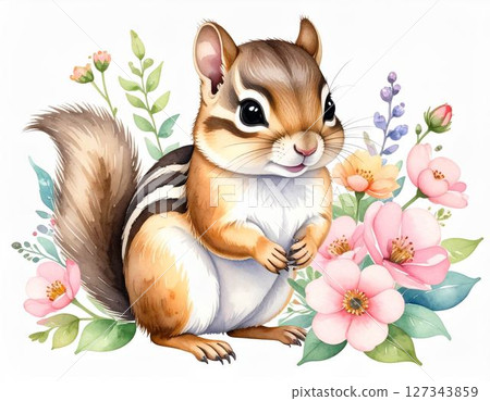 可愛水彩動物系列：被花包圍的松鼠 127343859