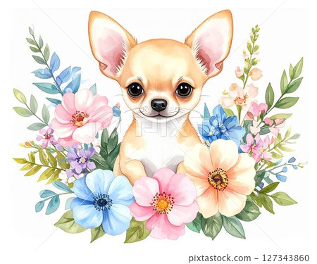 可愛的水彩動物系列：被花包圍的小狗（吉娃娃） 127343860