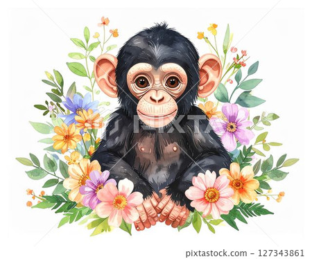 可愛的水彩動物系列：被花包圍的小黑猩猩 127343861