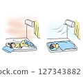 A boy unable to sleep due to extreme heat and a boy sleeping with the air conditioner on 127343882