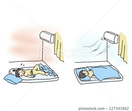 A boy unable to sleep due to extreme heat and a boy sleeping with the air conditioner on 127343882