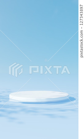 A white cylindrical pedestal floating on the water surface. Ripples. Shadows of leaves. 3D (portrait) 127343897