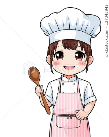 A young girl in an apron holding a wooden spatula 127343942
