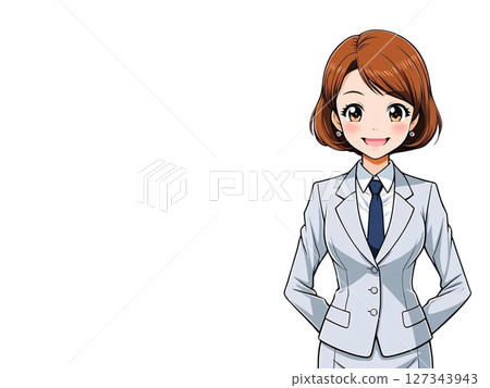 A woman in a suit smiling on a white background 127343943
