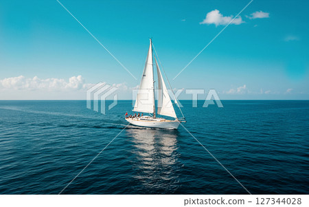 A sailing ship sailing through the blue ocean on its way around the world 127344028