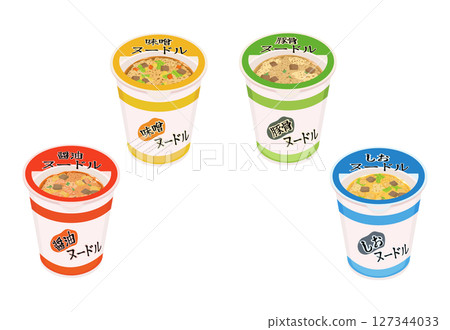 Illustration of four different flavors of instant noodles 127344033