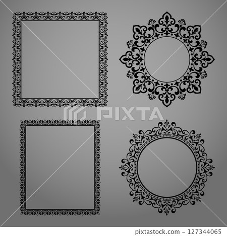 Set of decorative frames Elegant vector element for design in Eastern style, place for text. Floral black and gray borders. Lace illustration for invitations and greeting cards Set of decorative frames Elegant vector element for design in Eastern style, place for text. Floral black and gray borders. Lace illustration for invitations and greeting cards 127344065