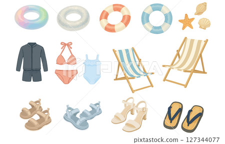 Summer outdoor accessories set for the beach or pool: swim rings, rash guards, swimsuits, sandals, etc. Summer outdoor accessories set for the beach or pool: swim rings, rash guards, swimsuits, sandals, etc. 127344077