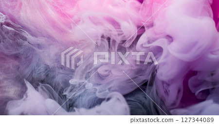 Smoke splash. Steam flow. Pink white pigment haze dissolve in water. Art abstract curl ink blend color defocused background texture. 127344089