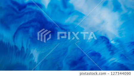 Paint flow. Dye fluid. Blue enamel art blend white acrylic stream. Color mix emulsion texture abstract emulsion defocused background. 127344090