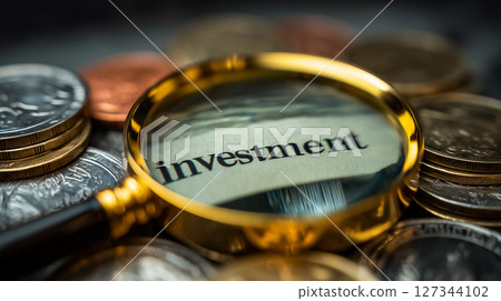 用放大鏡清晰地拍攝投資報告、數據視覺化和策略規劃主題的宏觀照片 127344102