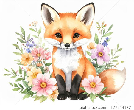 Cute watercolor animal series: a fox surrounded by flowers 127344177