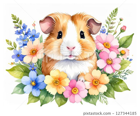 可愛水彩動物系列：被花包圍的倉鼠 127344185