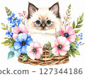 Cute watercolor animal series: a cat surrounded by flowers 127344186