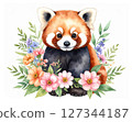 Cute watercolor animal series: Red panda surrounded by flowers 127344187
