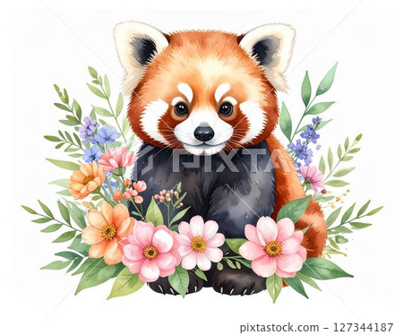 Cute watercolor animal series: Red panda surrounded by flowers Cute watercolor animal series: Red panda surrounded by flowers 127344187