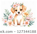 Cute watercolor animal series: baby dog surrounded by flowers 127344188
