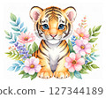 Cute watercolor animal series: baby tiger surrounded by flowers 127344189