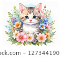 Cute watercolor animal series: a cat surrounded by flowers 127344190