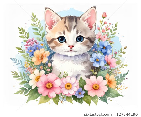Cute watercolor animal series: a cat surrounded by flowers Cute watercolor animal series: a cat surrounded by flowers 127344190