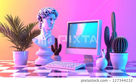 復古電腦和石膏雕像 127344232